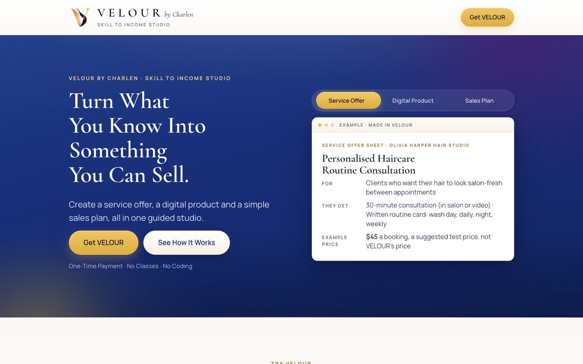 The VELOUR by Charlen website, The First Offer Kit.
