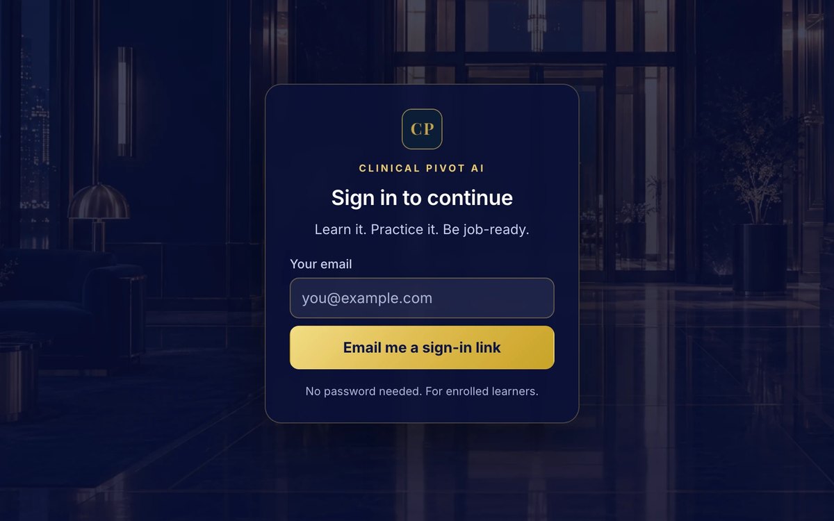 The Clinical Pivot AI learning app sign-in screen.